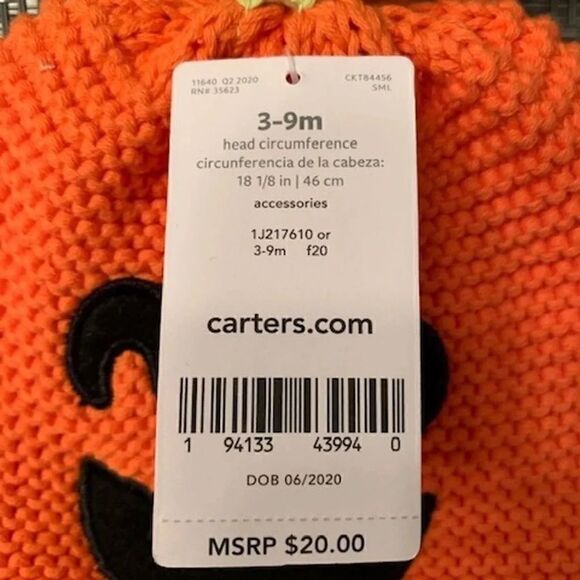 CARTER’S Knit Pumpkin Hat  3-9 Month *NWT* - Picture 3 of 3